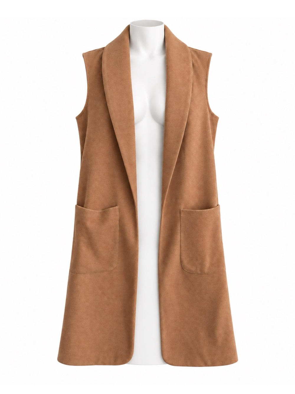 Size S Joie Women’s Camel Longline Shawl Collar Open Front Vest with Patch Pocke